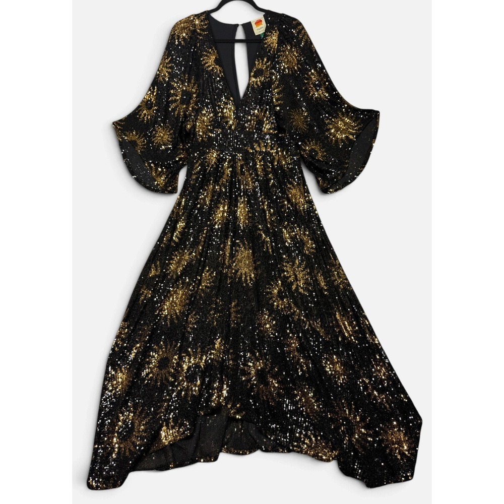 Farm Rio Maxi Dress Womens S Black Gold Sunny Mood Sequin Celestial Sun Boho